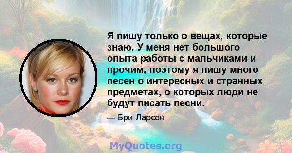 Я пишу только о вещах, которые знаю. У меня нет большого опыта работы с мальчиками и прочим, поэтому я пишу много песен о интересных и странных предметах, о которых люди не будут писать песни.