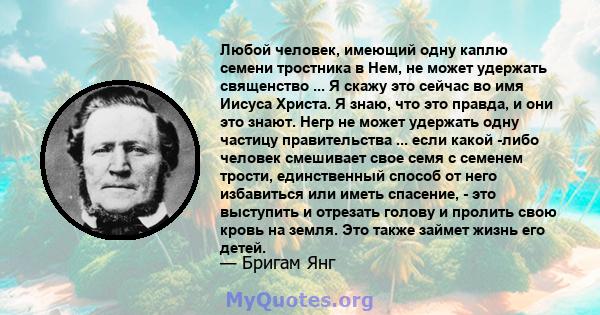 Любой человек, имеющий одну каплю семени тростника в Нем, не может удержать священство ... Я скажу это сейчас во имя Иисуса Христа. Я знаю, что это правда, и они это знают. Негр не может удержать одну частицу