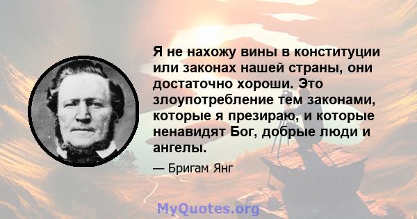 Я не нахожу вины в конституции или законах нашей страны, они достаточно хороши. Это злоупотребление тем законами, которые я презираю, и которые ненавидят Бог, добрые люди и ангелы.