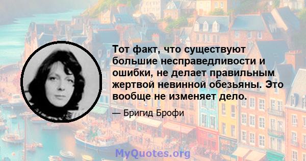 Тот факт, что существуют большие несправедливости и ошибки, не делает правильным жертвой невинной обезьяны. Это вообще не изменяет дело.