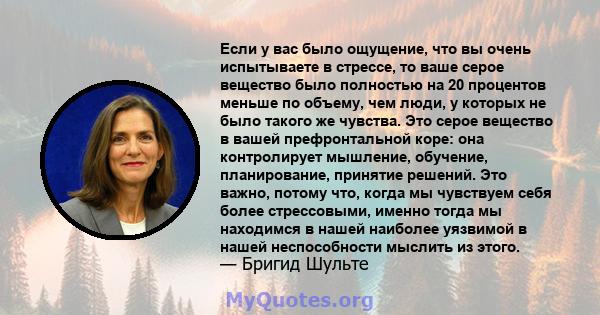 Если у вас было ощущение, что вы очень испытываете в стрессе, то ваше серое вещество было полностью на 20 процентов меньше по объему, чем люди, у которых не было такого же чувства. Это серое вещество в вашей