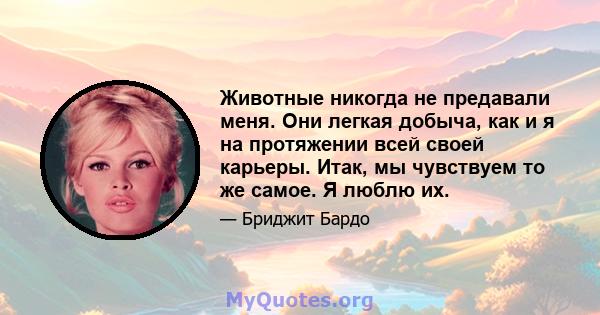 Животные никогда не предавали меня. Они легкая добыча, как и я на протяжении всей своей карьеры. Итак, мы чувствуем то же самое. Я люблю их.