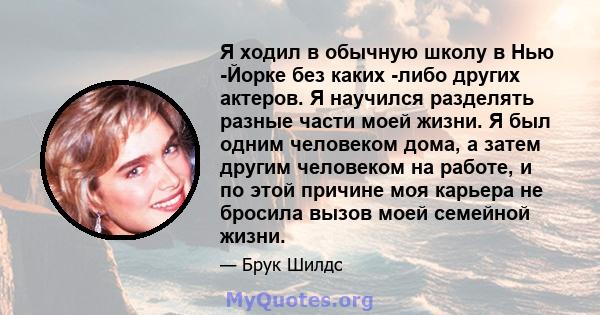 Я ходил в обычную школу в Нью -Йорке без каких -либо других актеров. Я научился разделять разные части моей жизни. Я был одним человеком дома, а затем другим человеком на работе, и по этой причине моя карьера не бросила 