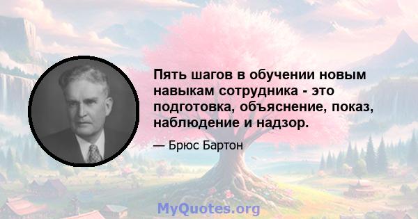 Пять шагов в обучении новым навыкам сотрудника - это подготовка, объяснение, показ, наблюдение и надзор.