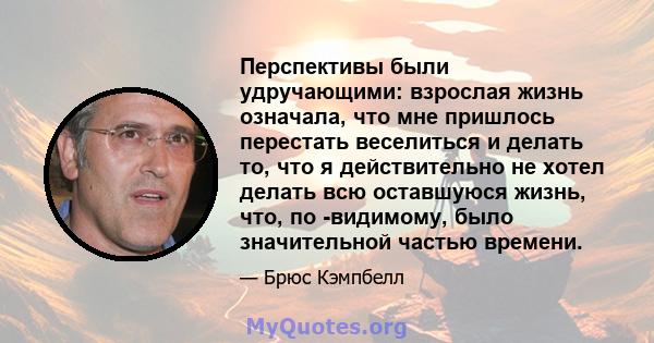 Перспективы были удручающими: взрослая жизнь означала, что мне пришлось перестать веселиться и делать то, что я действительно не хотел делать всю оставшуюся жизнь, что, по -видимому, было значительной частью времени.