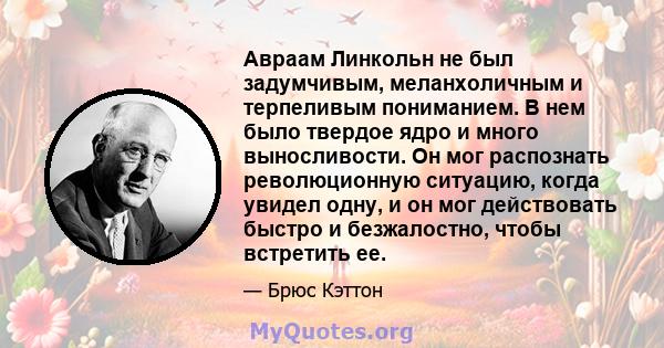 Авраам Линкольн не был задумчивым, меланхоличным и терпеливым пониманием. В нем было твердое ядро ​​и много выносливости. Он мог распознать революционную ситуацию, когда увидел одну, и он мог действовать быстро и