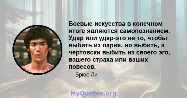 Боевые искусства в конечном итоге являются самопознанием. Удар или удар-это не то, чтобы выбить из парня, но выбить, а чертовски выбить из своего эго, вашего страха или ваших повесов.