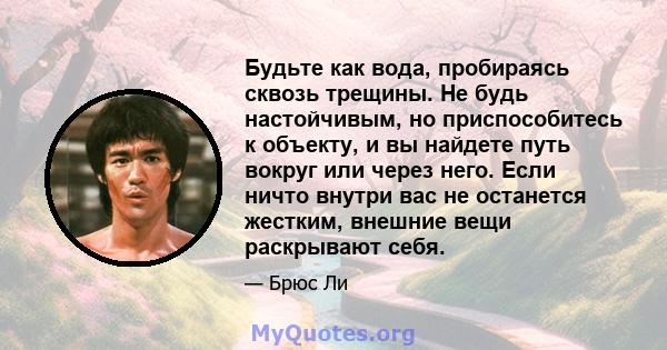 Будьте как вода, пробираясь сквозь трещины. Не будь настойчивым, но приспособитесь к объекту, и вы найдете путь вокруг или через него. Если ничто внутри вас не останется жестким, внешние вещи раскрывают себя.