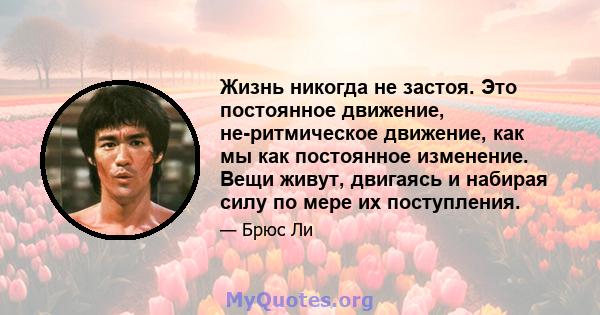 Жизнь никогда не застоя. Это постоянное движение, не-ритмическое движение, как мы как постоянное изменение. Вещи живут, двигаясь и набирая силу по мере их поступления.