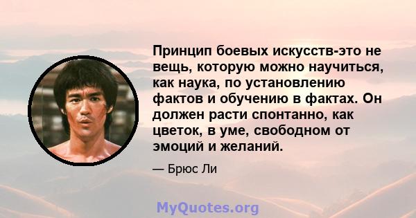 Принцип боевых искусств-это не вещь, которую можно научиться, как наука, по установлению фактов и обучению в фактах. Он должен расти спонтанно, как цветок, в уме, свободном от эмоций и желаний.