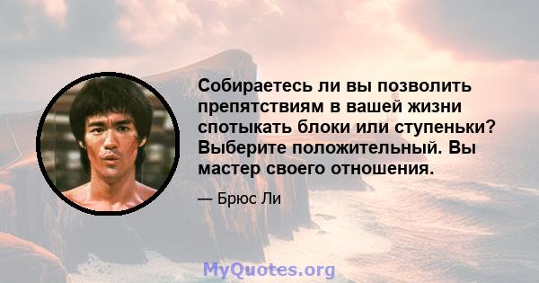 Собираетесь ли вы позволить препятствиям в вашей жизни спотыкать блоки или ступеньки? Выберите положительный. Вы мастер своего отношения.