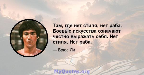 Там, где нет стиля, нет раба. Боевые искусства означают честно выражать себя. Нет стиля. Нет раба.