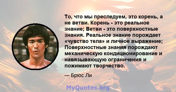 То, что мы преследуем, это корень, а не ветви. Корень - это реальное знание; Ветви - это поверхностные знания. Реальное знание порождает «чувство тела» и личное выражение; Поверхностные знания порождают механическую