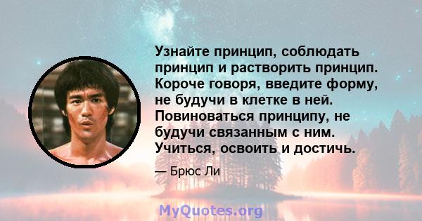 Узнайте принцип, соблюдать принцип и растворить принцип. Короче говоря, введите форму, не будучи в клетке в ней. Повиноваться принципу, не будучи связанным с ним. Учиться, освоить и достичь.