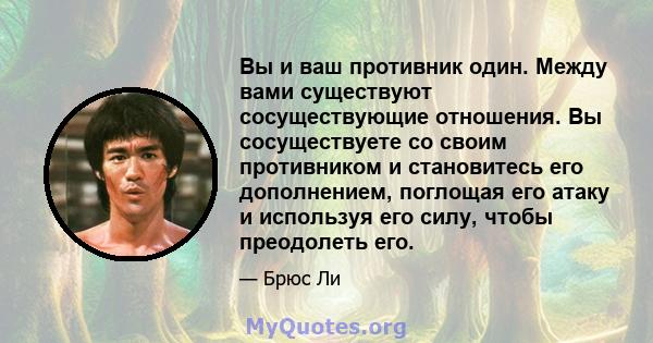 Вы и ваш противник один. Между вами существуют сосуществующие отношения. Вы сосуществуете со своим противником и становитесь его дополнением, поглощая его атаку и используя его силу, чтобы преодолеть его.