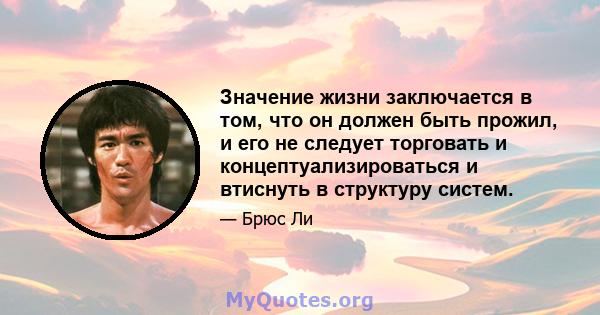 Значение жизни заключается в том, что он должен быть прожил, и его не следует торговать и концептуализироваться и втиснуть в структуру систем.