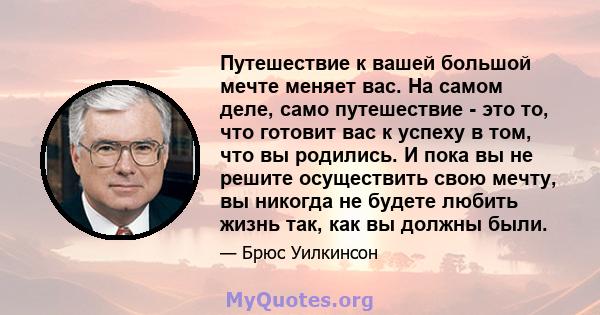 Путешествие к вашей большой мечте меняет вас. На самом деле, само путешествие - это то, что готовит вас к успеху в том, что вы родились. И пока вы не решите осуществить свою мечту, вы никогда не будете любить жизнь так, 