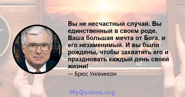 Вы не несчастный случай. Вы единственный в своем роде. Ваша большая мечта от Бога, и его незаменимый. И вы были рождены, чтобы захватить его и праздновать каждый день своей жизни!