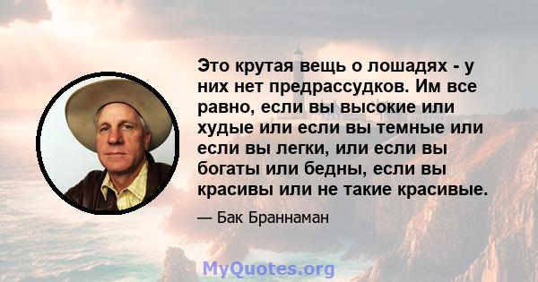 Это крутая вещь о лошадях - у них нет предрассудков. Им все равно, если вы высокие или худые или если вы темные или если вы легки, или если вы богаты или бедны, если вы красивы или не такие красивые.