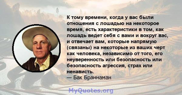 К тому времени, когда у вас были отношения с лошадью на некоторое время, есть характеристики в том, как лошадь ведет себя с вами и вокруг вас, и отвечает вам, которые напрямую (связаны) на некоторые из ваших черт как