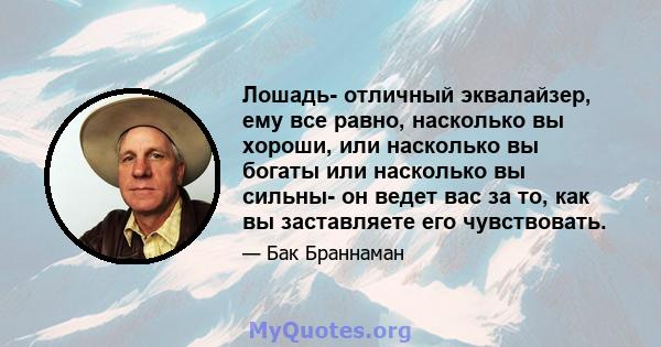 Лошадь- отличный эквалайзер, ему все равно, насколько вы хороши, или насколько вы богаты или насколько вы сильны- он ведет вас за то, как вы заставляете его чувствовать.