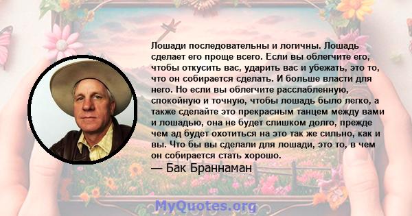 Лошади последовательны и логичны. Лошадь сделает его проще всего. Если вы облегчите его, чтобы откусить вас, ударить вас и убежать, это то, что он собирается сделать. И больше власти для него. Но если вы облегчите