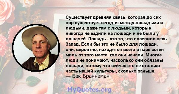 Существует древняя связь, которая до сих пор существует сегодня между лошадьми и людьми, даже там с людьми, которые никогда не ездили на лошади и не были у лошадей. Лошадь - это то, что поселило весь Запад. Если бы это