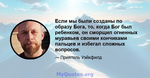 Если мы были созданы по образу Бога, то, когда Бог был ребенком, он сморщил огненных муравьев своими кончиками пальцев и избегал сложных вопросов.