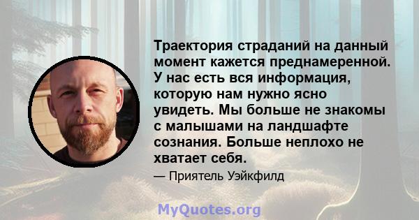 Траектория страданий на данный момент кажется преднамеренной. У нас есть вся информация, которую нам нужно ясно увидеть. Мы больше не знакомы с малышами на ландшафте сознания. Больше неплохо не хватает себя.