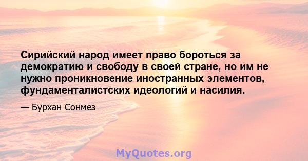 Сирийский народ имеет право бороться за демократию и свободу в своей стране, но им не нужно проникновение иностранных элементов, фундаменталистских идеологий и насилия.