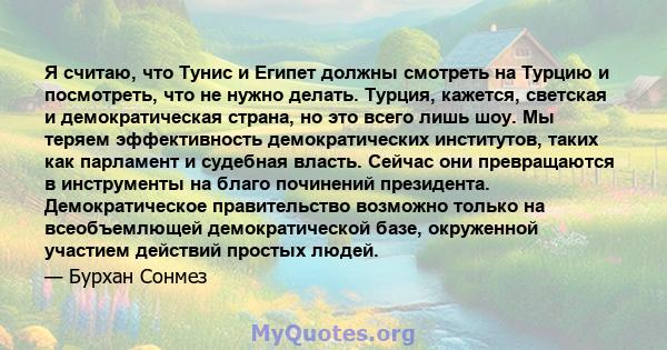 Я считаю, что Тунис и Египет должны смотреть на Турцию и посмотреть, что не нужно делать. Турция, кажется, светская и демократическая страна, но это всего лишь шоу. Мы теряем эффективность демократических институтов,