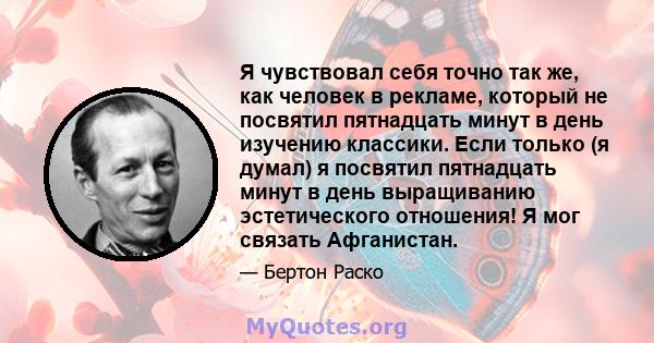 Я чувствовал себя точно так же, как человек в рекламе, который не посвятил пятнадцать минут в день изучению классики. Если только (я думал) я посвятил пятнадцать минут в день выращиванию эстетического отношения! Я мог