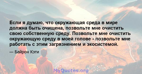 Если я думаю, что окружающая среда в мире должна быть очищена, позвольте мне очистить свою собственную среду. Позвольте мне очистить окружающую среду в моей голове - позвольте мне работать с этим загрязнением и