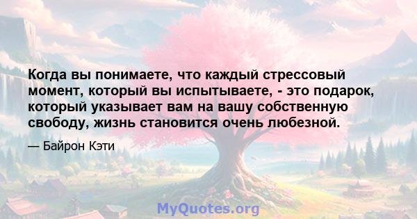 Когда вы понимаете, что каждый стрессовый момент, который вы испытываете, - это подарок, который указывает вам на вашу собственную свободу, жизнь становится очень любезной.