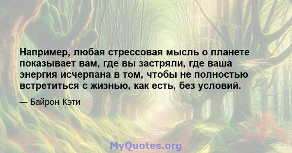 Например, любая стрессовая мысль о планете показывает вам, где вы застряли, где ваша энергия исчерпана в том, чтобы не полностью встретиться с жизнью, как есть, без условий.