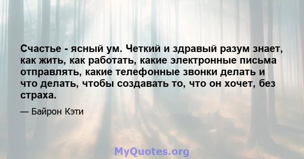 Счастье - ясный ум. Четкий и здравый разум знает, как жить, как работать, какие электронные письма отправлять, какие телефонные звонки делать и что делать, чтобы создавать то, что он хочет, без страха.