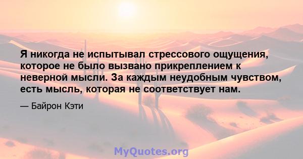 Я никогда не испытывал стрессового ощущения, которое не было вызвано прикреплением к неверной мысли. За каждым неудобным чувством, есть мысль, которая не соответствует нам.