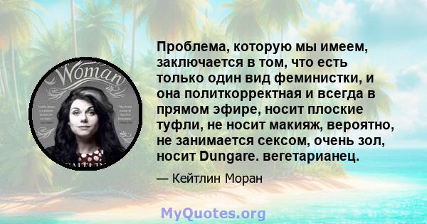 Проблема, которую мы имеем, заключается в том, что есть только один вид феминистки, и она политкорректная и всегда в прямом эфире, носит плоские туфли, не носит макияж, вероятно, не занимается сексом, очень зол, носит