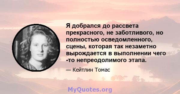 Я добрался до рассвета прекрасного, не заботливого, но полностью осведомленного, сцены, которая так незаметно вырождается в выполнении чего -то непреодолимого этапа.