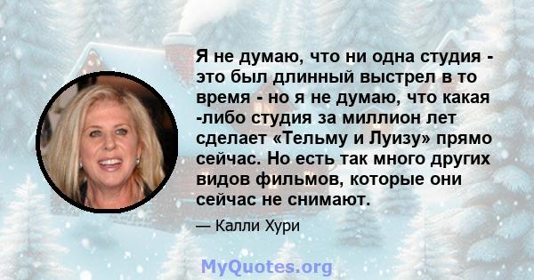 Я не думаю, что ни одна студия - это был длинный выстрел в то время - но я не думаю, что какая -либо студия за миллион лет сделает «Тельму и Луизу» прямо сейчас. Но есть так много других видов фильмов, которые они