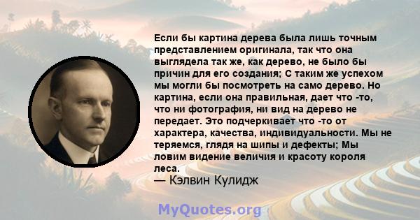 Если бы картина дерева была лишь точным представлением оригинала, так что она выглядела так же, как дерево, не было бы причин для его создания; С таким же успехом мы могли бы посмотреть на само дерево. Но картина, если