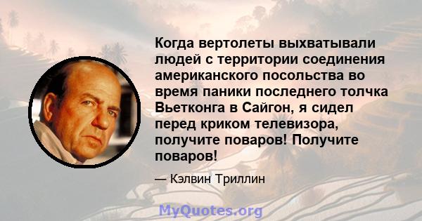 Когда вертолеты выхватывали людей с территории соединения американского посольства во время паники последнего толчка Вьетконга в Сайгон, я сидел перед криком телевизора, получите поваров! Получите поваров!