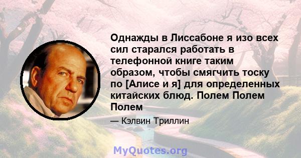 Однажды в Лиссабоне я изо всех сил старался работать в телефонной книге таким образом, чтобы смягчить тоску по [Алисе и я] для определенных китайских блюд. Полем Полем Полем