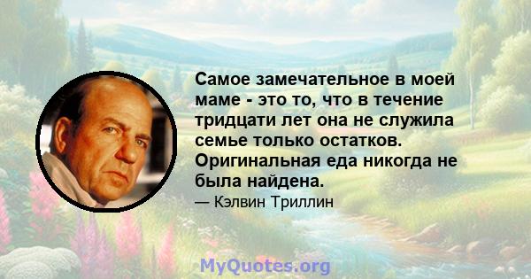 Самое замечательное в моей маме - это то, что в течение тридцати лет она не служила семье только остатков. Оригинальная еда никогда не была найдена.