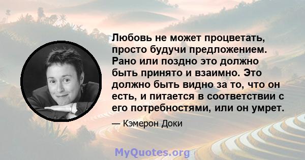 Любовь не может процветать, просто будучи предложением. Рано или поздно это должно быть принято и взаимно. Это должно быть видно за то, что он есть, и питается в соответствии с его потребностями, или он умрет.