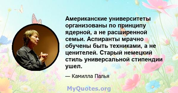 Американские университеты организованы по принципу ядерной, а не расширенной семьи. Аспиранты мрачно обучены быть техниками, а не ценителей. Старый немецкий стиль универсальной стипендии ушел.