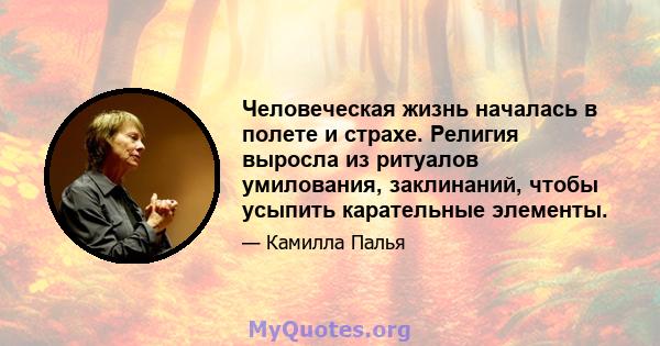 Человеческая жизнь началась в полете и страхе. Религия выросла из ритуалов умилования, заклинаний, чтобы усыпить карательные элементы.