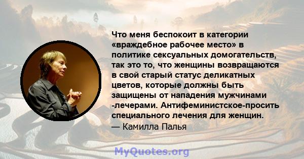 Что меня беспокоит в категории «враждебное рабочее место» в политике сексуальных домогательств, так это то, что женщины возвращаются в свой старый статус деликатных цветов, которые должны быть защищены от нападения