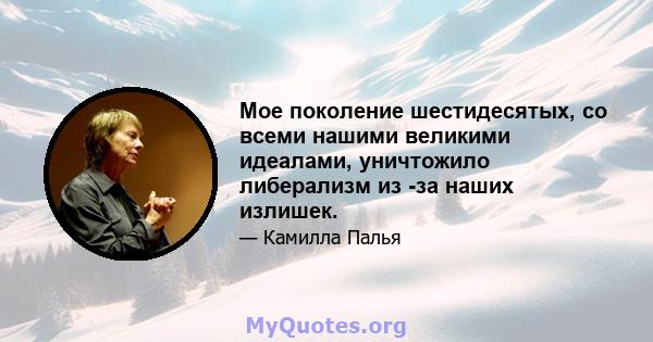 Мое поколение шестидесятых, со всеми нашими великими идеалами, уничтожило либерализм из -за наших излишек.