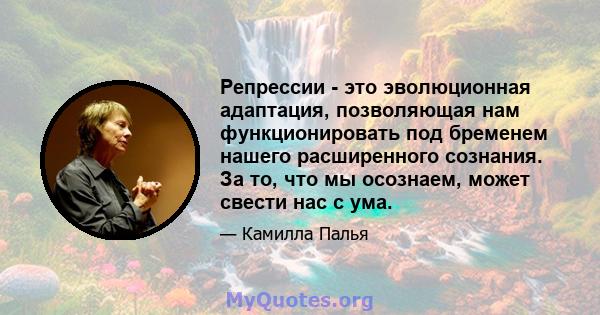 Репрессии - это эволюционная адаптация, позволяющая нам функционировать под бременем нашего расширенного сознания. За то, что мы осознаем, может свести нас с ума.